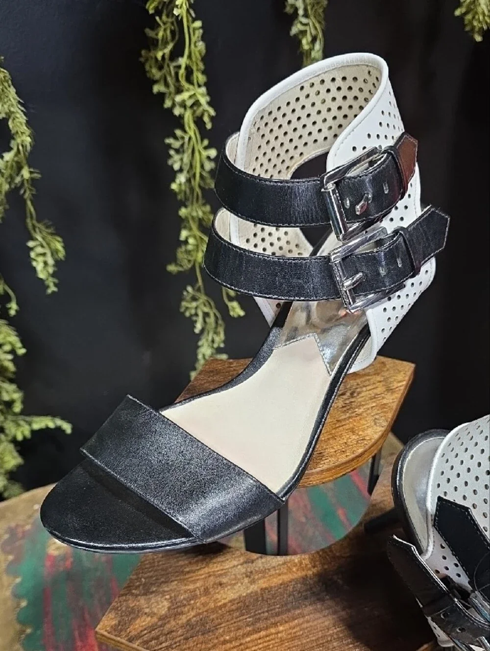 Michael Kors Leather Black and White Perforated Strap Heels